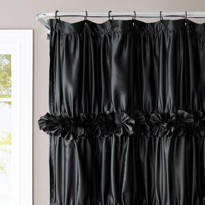 Black Ruffle Shower Curtain, Vintage Handcrafted Bow Tie Bath Curtain for Master Bathroom, Ruched Satin Bathroom Curtain with 12 Buttonholes, 72