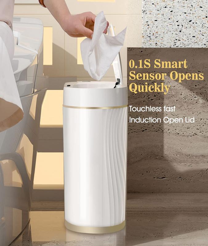 Bathroom Trash Can with Lid Automatic Garbage Can, 2 Gallon Slim Smart Trash Can, Small Plastic Trash Bin, Touchless Motion Sensor Trash Can for Bedroom, Bathroom, Office (Cream Gold Trim)