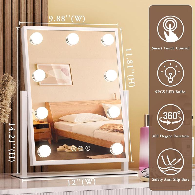 Chrismas gift for families or friends Hollywood Vanity Mirror with Lights: 9 Dimmable Bulbs, 3 Color Modes, Smart Touch Control, 360° Rotation, Elegant Decor