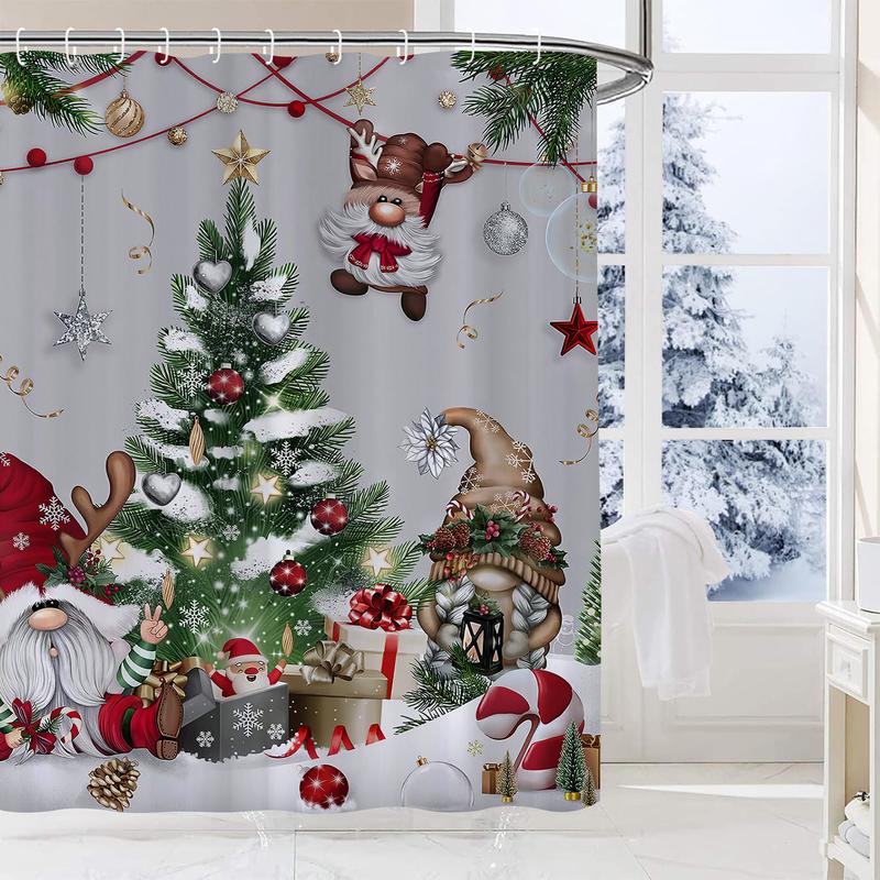 PAUSEBOLL Christmas Gnomes Shower Curtain Xmas Tree Balls Gift Boxes Winter Holiday Decorative Bath Curtain 72 x 72 Inch Polyester Fabric Waterproof Bathroom Curtain with 12 Hooks