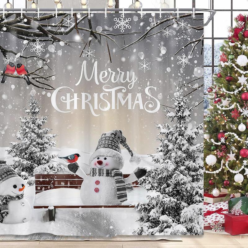 PAUSEBOLL Merry Christmas Winter Snowman Shower Curtain Xmas Tree Cardinal Bird Snowflake Holiday Bathroom Decor with Hooks 72 x 72 Inches