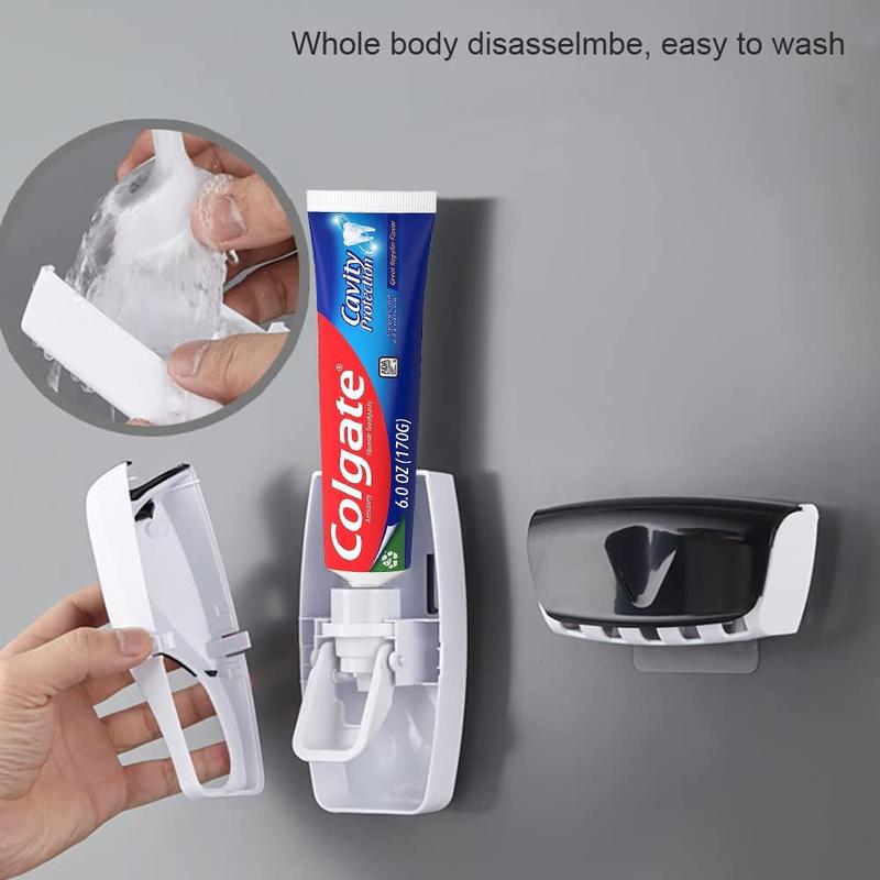 Wall-Mounted Automatic Toothbrush Dispenser with Toothpaste Squeezer and Holder Set for Family Bathroom Use (Black)