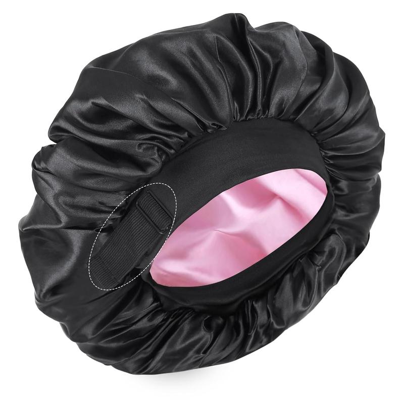 Silk Bonnet for Sleeping Double Layer Satin Bonnet Adjustable Bonnets for Black Women Sleep Cap Reversible Hair Bonnet for Curly Hair (Black and Pink)