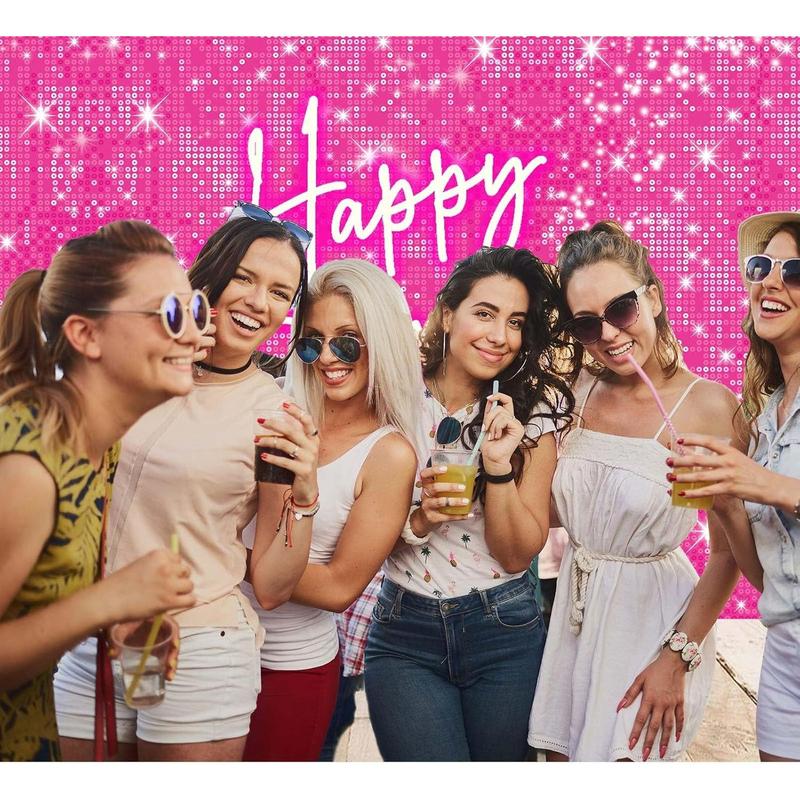 Shiny Pink Neon Happy Birthday Backdrop for Lady Girls Women Princess Theme Party Table Wall Decorations Banner Sparkle Birthday Photo Booth Studio Background 5x3ft