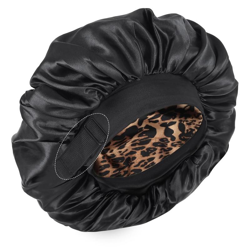 Silk Bonnet for Sleeping Double Layer Satin Bonnet Adjustable Bonnets for Black Women Sleep Cap Reversible Hair Bonnet for Curly Hair (Black and Pink)