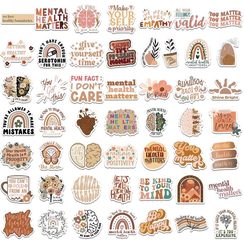 Boho Mental Healthy Series Sticker, 100pcs Self Adhesive Decor Paper, Decor Sticker for Gift Greeting Card Water Bottle Laptop Phone