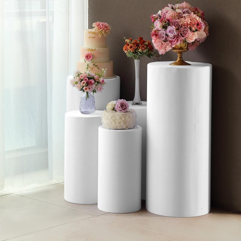 Set of 5 White Cylinder Stretch Fitted Pedestal Pillar Prop Covers, Spandex Plinth Display Box Stand Covers - 160 GSM