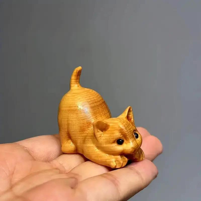 Cute Lazy Cat Design Wooden Ornament, 1 Count Hand Carved Desktop Decoration, Creative Home Decor for Living Room Bedroom Office