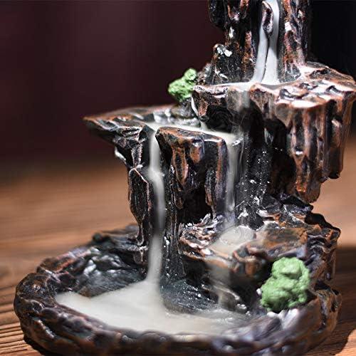 SPACEKEEPER Waterfall Monk Incense Burner Mountain Tower Incense Holders with 120 Backflow Incense Cones + 30 Incense Stick for Home Office Yoga Aromatcherapy Ornamen, Stone Brown