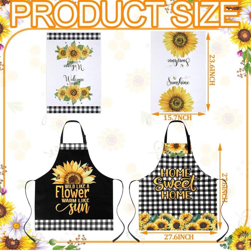 13 Pcs Bee Sunflower Kitchen Set Include 5 Cute Wooden Spoons 2 Kitchen Towels 2 Kitchen Apron 2 Oven Mitts 2 Bee Sunflower Pot Holders for Housewarming Gifts (Sunflower)