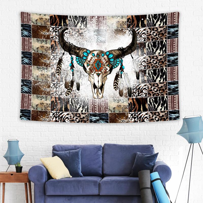 Bull Head Pattern Tapestry, 1 Count Wall Hanging Tapestry, Wall Art Decor for Home Living Room Bedroom, Summer Gift Ideas