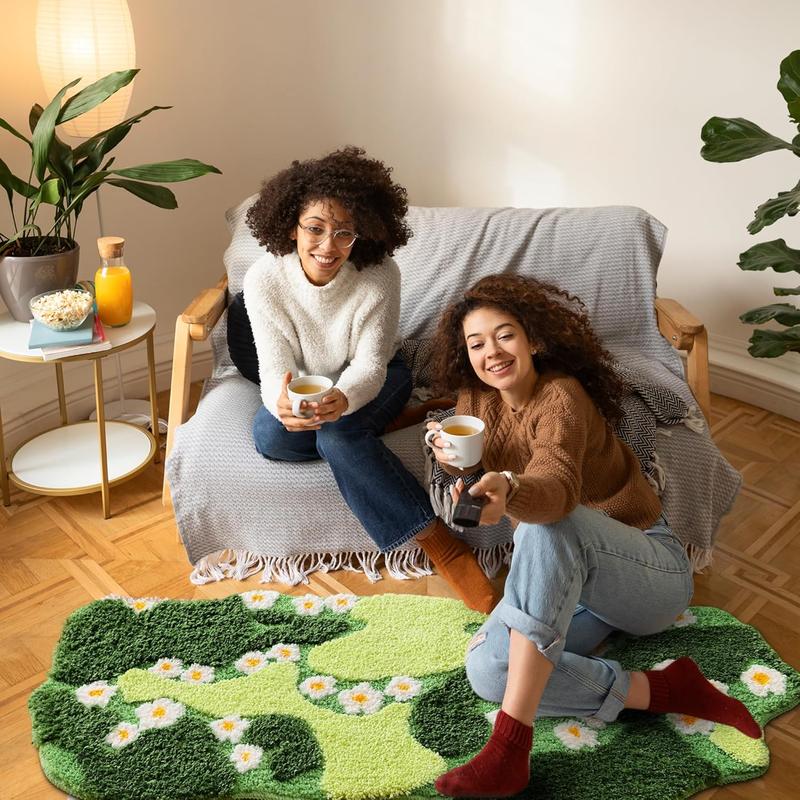 Bathroom Rugs Green Bath Mat Cute Moss Rug with Small White  Non Slip Door Mat for Bedroom and Kitchen Soft Washable Rug Floral Bath Mats (43x20 inch)