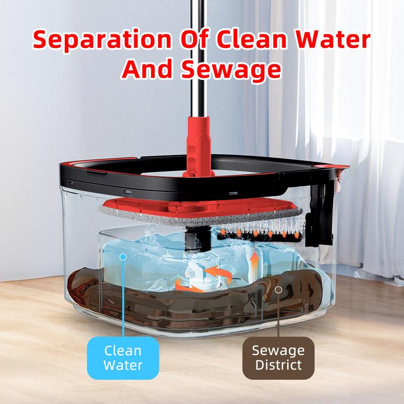 Black Spin Mop and Bucket Set with Clean and Dirty Water Separation System for Hard Floors and Windows - Household Cleaning Supplies