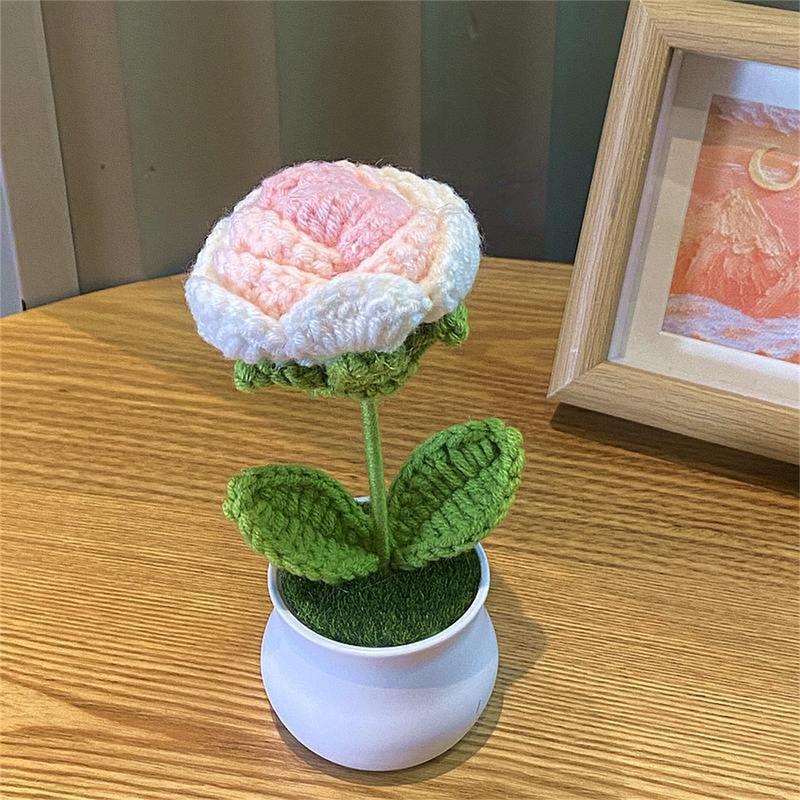 Artificial Flower Crochet, Handmade Woven Potted Home Decoration Knitted Simulation Flower, Yarn Crochet Flower Bouquet Gift