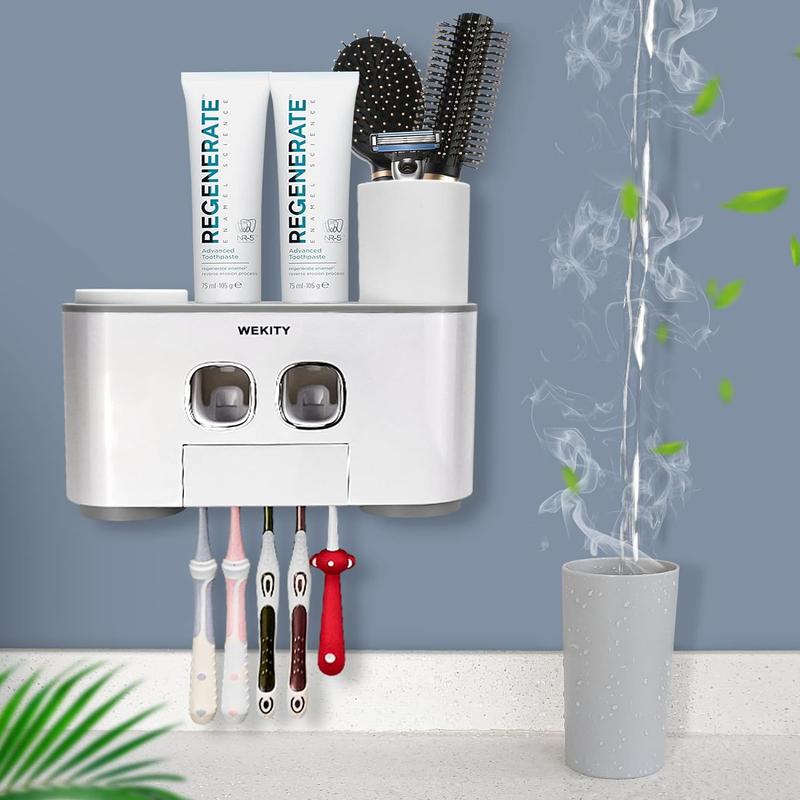 Toothbrush Holder Wall Mounted, WEKITY Multi-Functional Toothbrush and Toothpaste Dispenser for Bathroom, with 5 Toothbrush Slots, 2 Toothpaste Squeezers and 4 Cups(Grey) Set