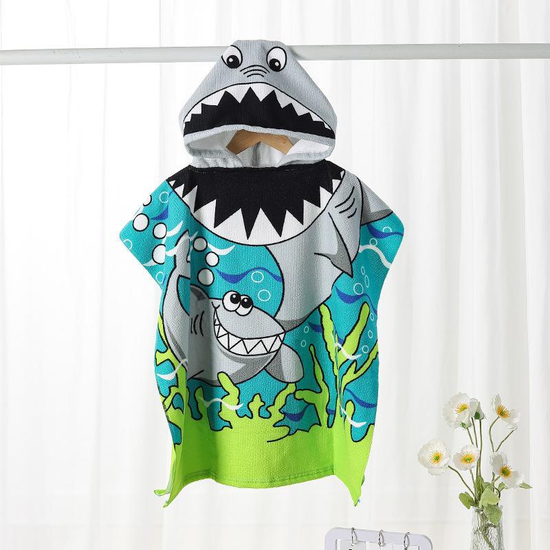 Cartoon Shark Print Beach Towel, Beach Blanket, Mat, 1 Count Kids Soft Comfortable Hooded Cape Bath Towel, Cute Quick Drying Towel for Swimming Beach Vacation Bathroom, Travel Essentials, Gifts