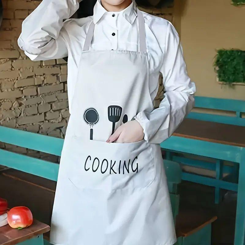 Cooking Utensils Pattern Apron, Waterproof & Oil-proof Cooking Apron with Pocket, Kitchen Household Cooking Apron