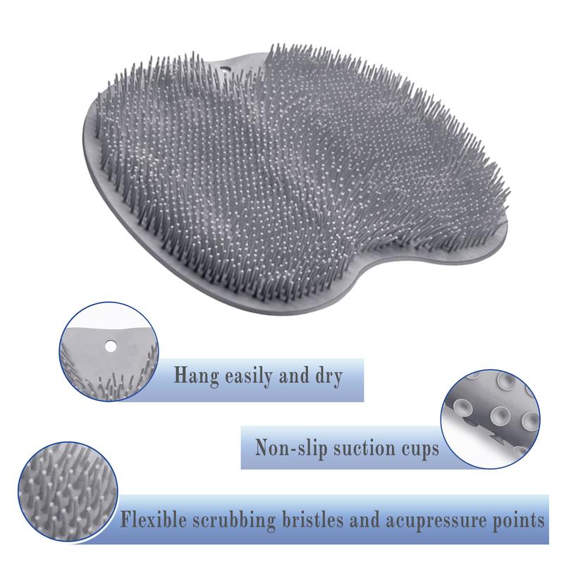 Silicone Shower Foot Scrubber Mat,Back & Feet Cleaning Pad,Shower Massage Soft Bristles Exfoliating Scrubber Brush,Wall Mounted Slip Suction Cups for Use,Bathroom Bathing Accessories grey with compartment(s)