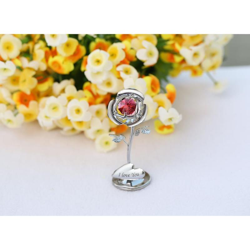 Matashi Gift for Her I Love You Inscribed Rose Flower - Decorative Gift for Christmas, Mother's Day, Birthday, Anniversary, Valentine's Day - Premium Silver Chrome Plated Flower Ornament w  Red Colorful Crystals, Home Decor Ornament with Boxes