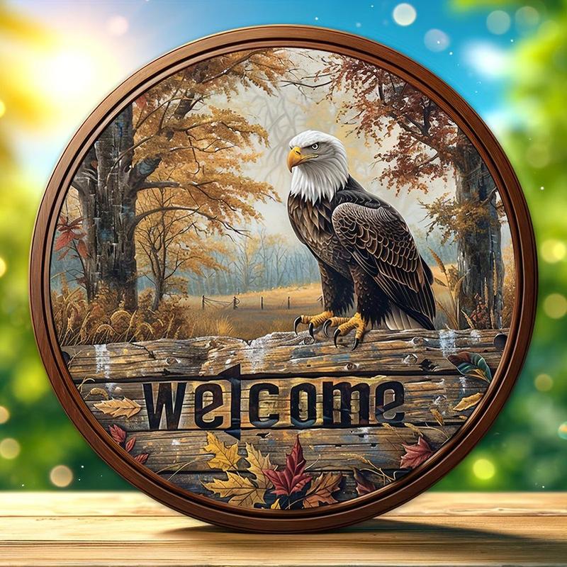 Vintage Wooden Eagle Forest Letter Pattern Round Plaque, 1 Count Welcome Home Decor Sign, Wall Hanging Decor for Home Living Room Bedroom