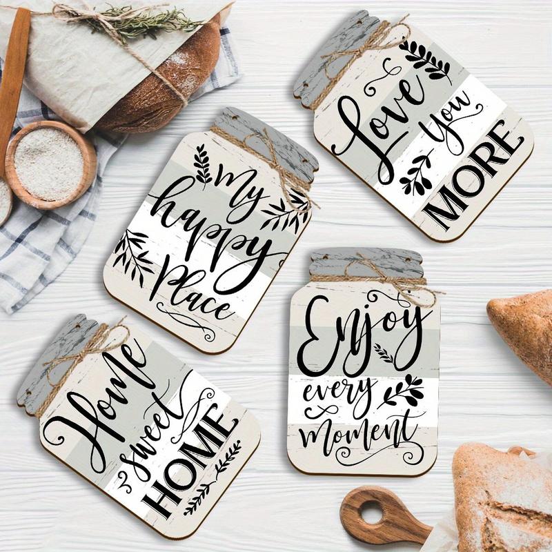 Mason Jar Design Wooden Country Wall Decor, 4 Counts set Leaves & Letter Pattern Farmhouse Kitchen Wall Art with Twine, Home Decor for Kitchen & Living Room