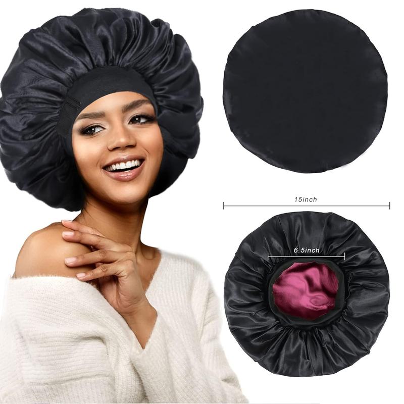 Silk Bonnet for Sleeping Double Layer Satin Bonnet Adjustable Bonnets for Black Women Sleep Cap Reversible Hair Bonnet for Curly Hair (Black and Pink)