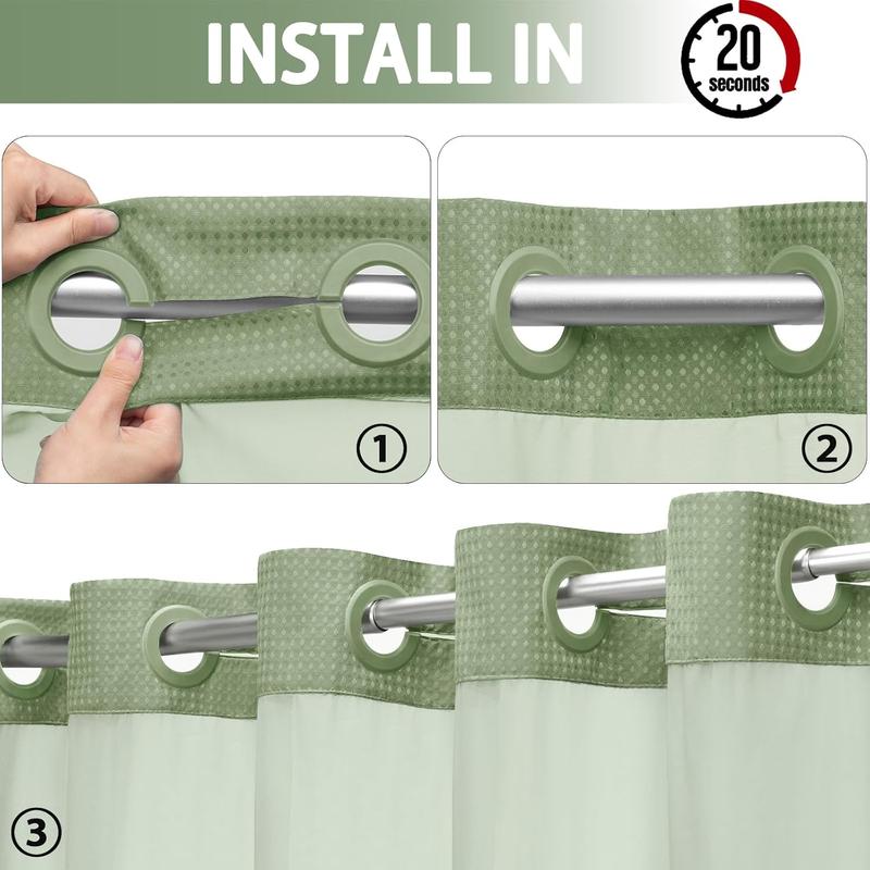 No Hook Shower Curtain with Snap in Liner Set Less Time Sage Green Waffle Shower Curtain for Bathroom Light Eye