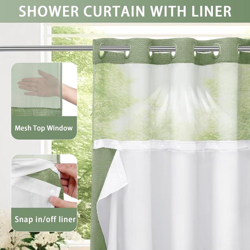 No Hook Shower Curtain with Snap in Liner Set Less Time Sage Green Waffle Shower Curtain for Bathroom Light Eye