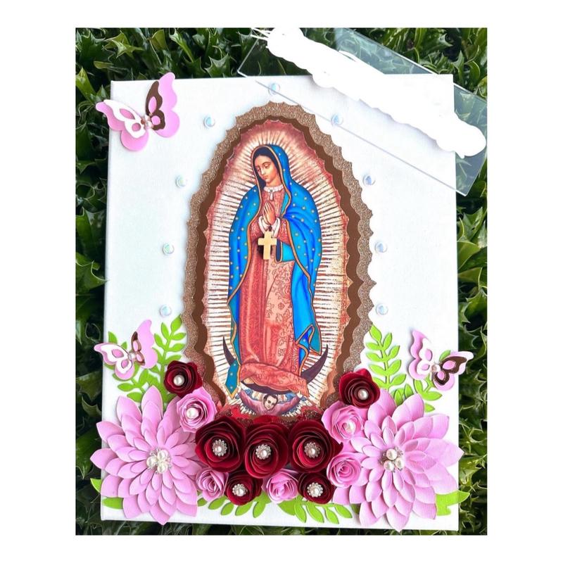 8x 10” custom Made Pink and Burgundy Flower Canvas  Virgencita de Guadalupe Our Lady of Guadalupe Canvas with Handmade paper flowers. Wooden