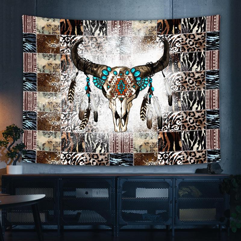 Bull Head Pattern Tapestry, 1 Count Wall Hanging Tapestry, Wall Art Decor for Home Living Room Bedroom, Summer Gift Ideas