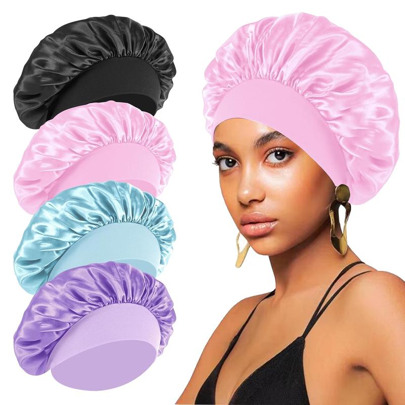 Jarin Hair 4Pcs Silk Bonnet for sleeping Women Satin bonnet Hair Bonnet Night Sleep Cap Scarf wrap for Curly Hair with tie Band Black