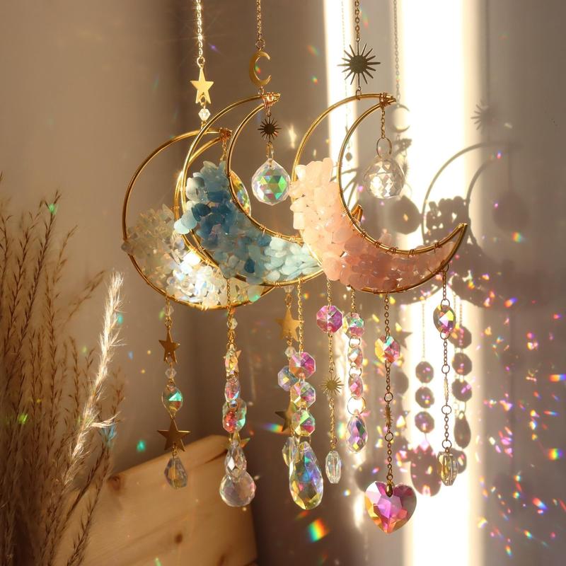 Hangable Christmas Room Decor Artificial Crystal Sun Catcher, 1 Count Moon Decor Hanging Ornament for Home Decor, Hanging Sun Catcher for Home Room Garden Window Wall Decor, Bedroom Decor, Fall Decor, Men Gifts