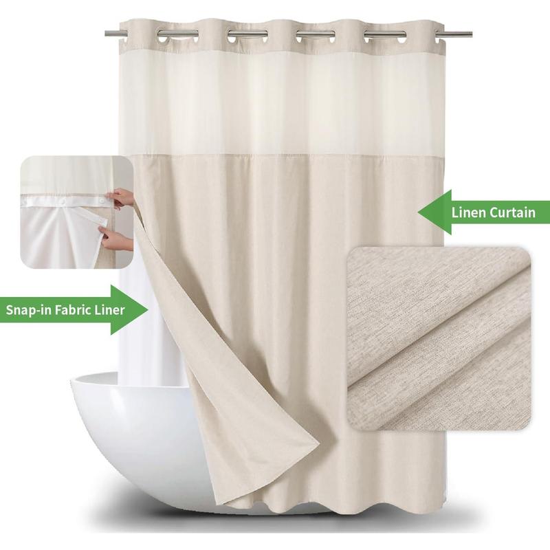 No Hooks Needed Linen Textured Shower Curtain with Snap-in Fabric Liner Set,Hotel Luxury Decor Shower Curtains for Bathroom with See Through Top Window,Waterproof & Washable,71Wx74H,Cream