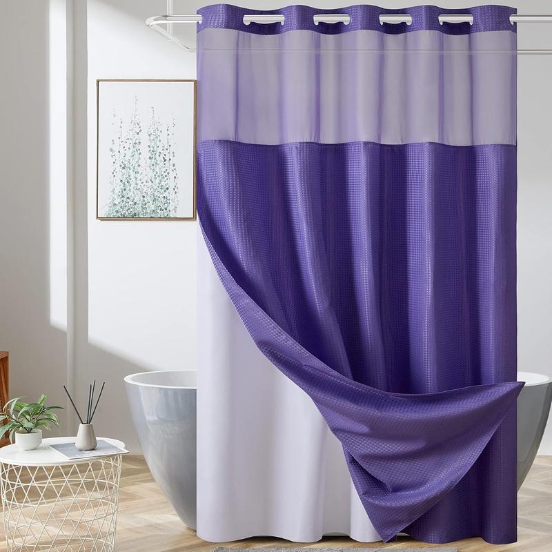 Waffle Weave No Hook Shower Curtain with Snap in Fabric Liner Set,Heavy Duty Textured Bathroom Curtain with See Through Window,Waterproof & Machine Washable,Hotel Style,Purple,71x75 Inch