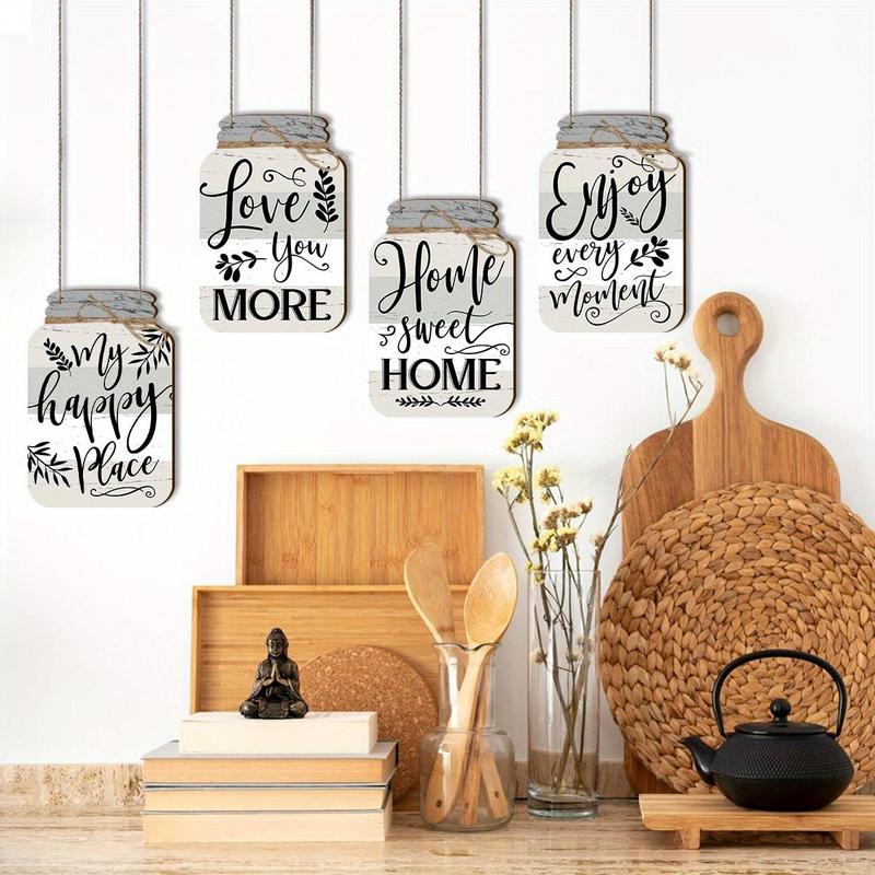 Mason Jar Design Wooden Country Wall Decor, 4 Counts set Leaves & Letter Pattern Farmhouse Kitchen Wall Art with Twine, Home Decor for Kitchen & Living Room