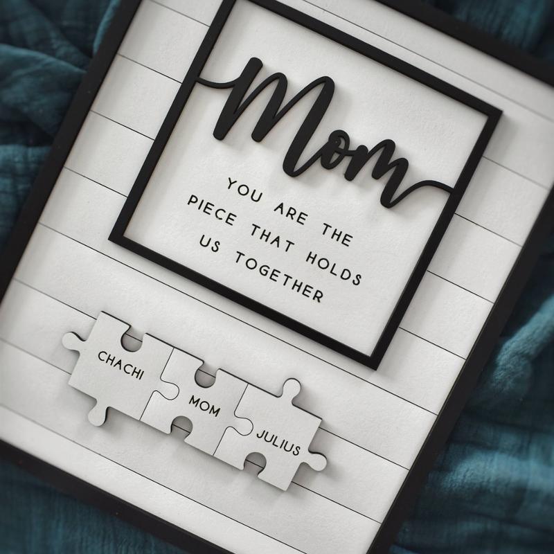 Engraved Mother's Day Sign Gift | Custom Mothers Day Puzzle Sign | Mom You are the Piece that holds us together | Mothers day gift | Personalized for Mom | You are the Piece that Holds us Together | Up to 16 Custom Engraved Puzzle Pieces Decor Frame