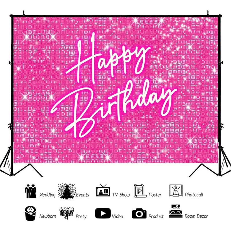 Shiny Pink Neon Happy Birthday Backdrop for Lady Girls Women Princess Theme Party Table Wall Decorations Banner Sparkle Birthday Photo Booth Studio Background 5x3ft