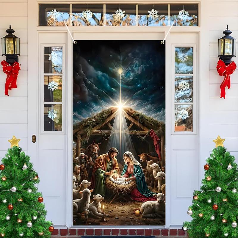 Christmas Themed Door Banner, 1 Count Jesus Birth Door Hanging Banner, Door Decoration for Home Living Room Bedroom, Festive & Party Supplies