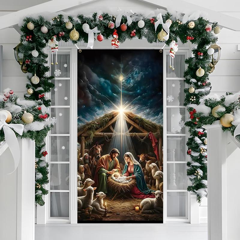 Christmas Themed Door Banner, 1 Count Jesus Birth Door Hanging Banner, Door Decoration for Home Living Room Bedroom, Festive & Party Supplies