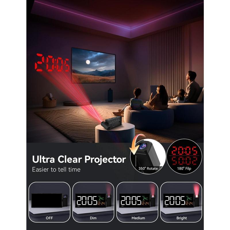 Projection Clock for Bedroom Ceiling,  Clocks with 350 Rotatable Projector, Date Temperature and Weekday, Manual DST, 5 Brightness, 10 Ringtones, 4 Volumes and Snooze (Black)