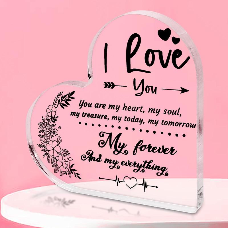 Heart Shaped Clear Acrylic Plaque, Letter & Flower Pattern Desktop Decorative Ornaments, Home Decor for Living Room Bedroom, Summer Gift