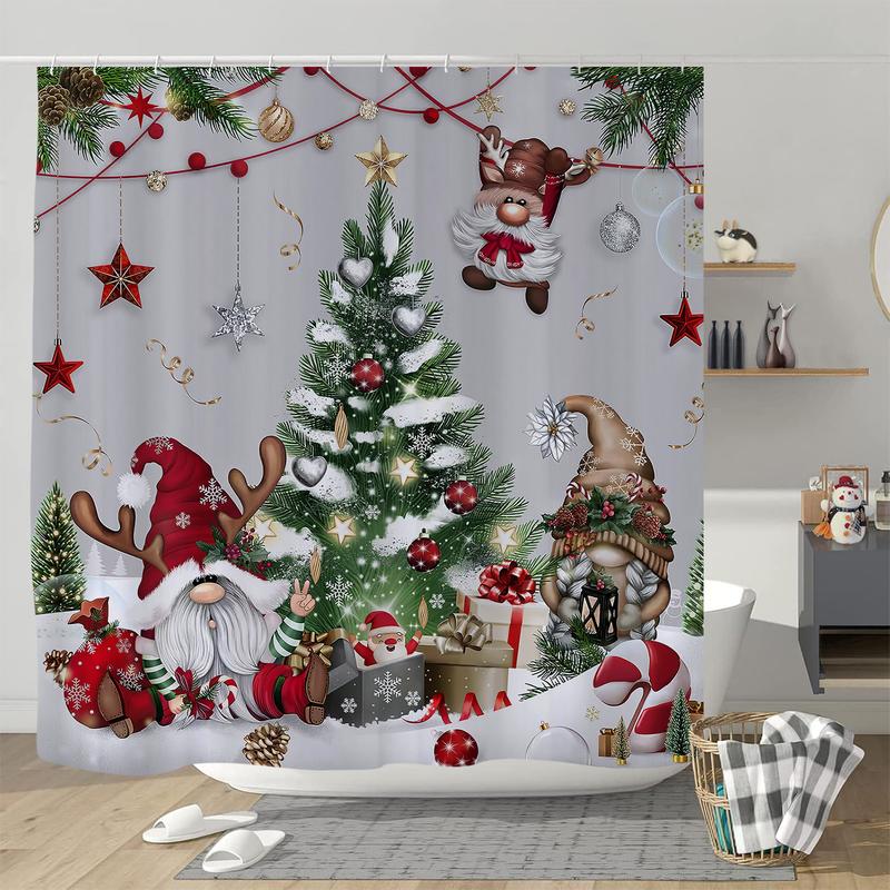 PAUSEBOLL Christmas Gnomes Shower Curtain Xmas Tree Balls Gift Boxes Winter Holiday Decorative Bath Curtain 72 x 72 Inch Polyester Fabric Waterproof Bathroom Curtain with 12 Hooks