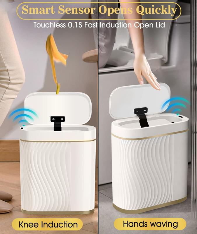 Bathroom Trash Can with Lid Automatic Garbage Can, 2 Gallon Slim Smart Trash Can, Small Plastic Trash Bin, Touchless Motion Sensor Trash Can for Bedroom, Bathroom, Office (Cream Gold Trim)