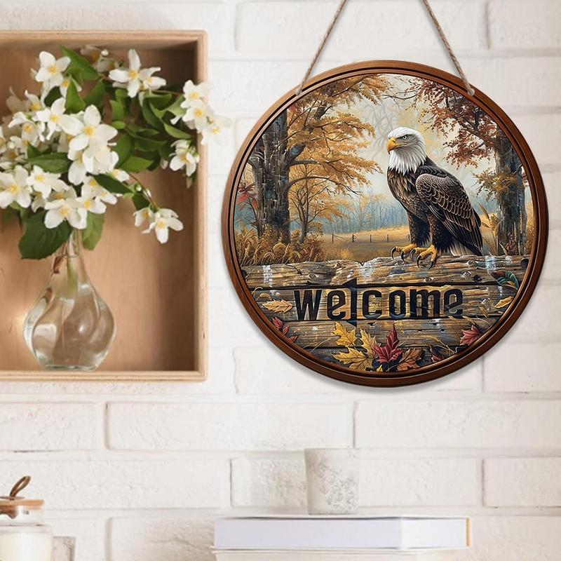 Vintage Wooden Eagle Forest Letter Pattern Round Plaque, 1 Count Welcome Home Decor Sign, Wall Hanging Decor for Home Living Room Bedroom