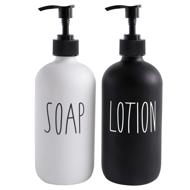 Soap Dispenser Bathroom Set, Contains Soap Dispenser and Lotion Dispenser. Glass Soap Dispenser Suitable for Farmhouse Bathroom Accessories, Black and White Bathroom Decor.