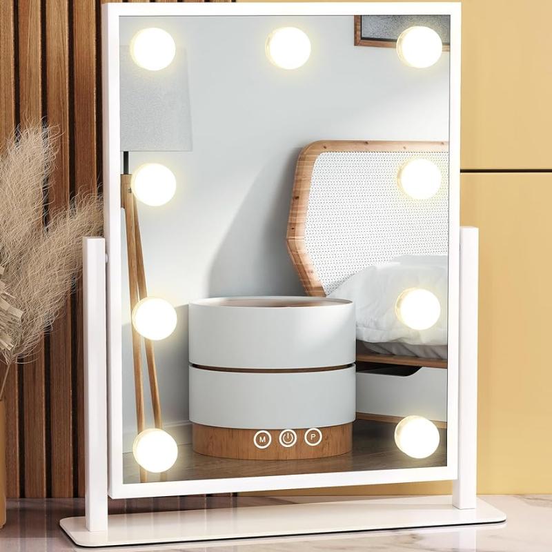 Chrismas gift for families or friends Hollywood Vanity Mirror with Lights: 9 Dimmable Bulbs, 3 Color Modes, Smart Touch Control, 360° Rotation, Elegant Decor