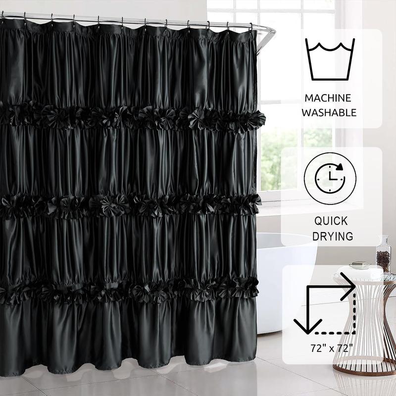 Black Ruffle Shower Curtain, Vintage Handcrafted Bow Tie Bath Curtain for Master Bathroom, Ruched Satin Bathroom Curtain with 12 Buttonholes, 72