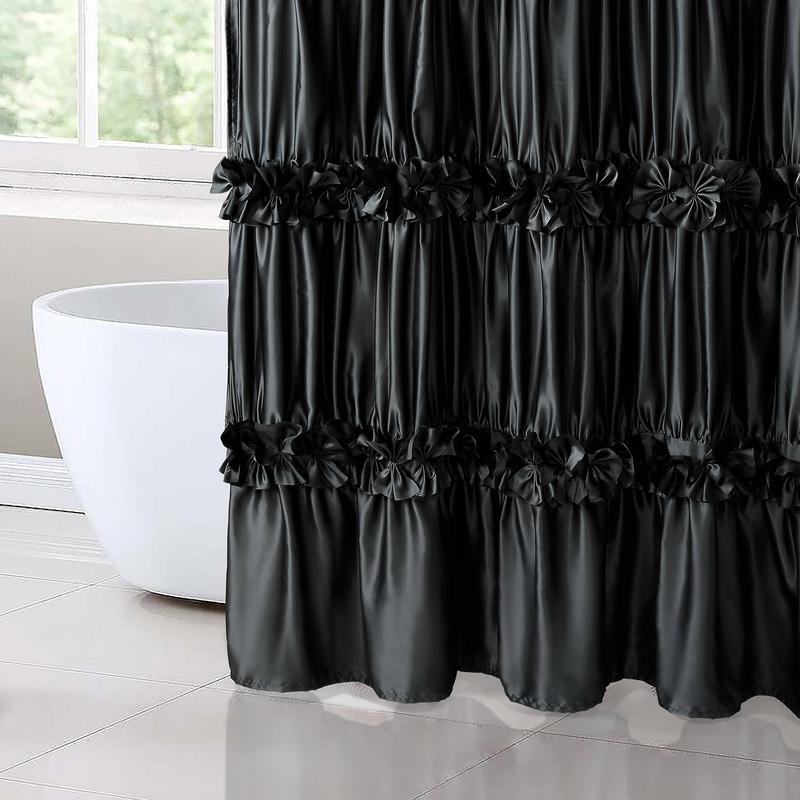 Black Ruffle Shower Curtain, Vintage Handcrafted Bow Tie Bath Curtain for Master Bathroom, Ruched Satin Bathroom Curtain with 12 Buttonholes, 72