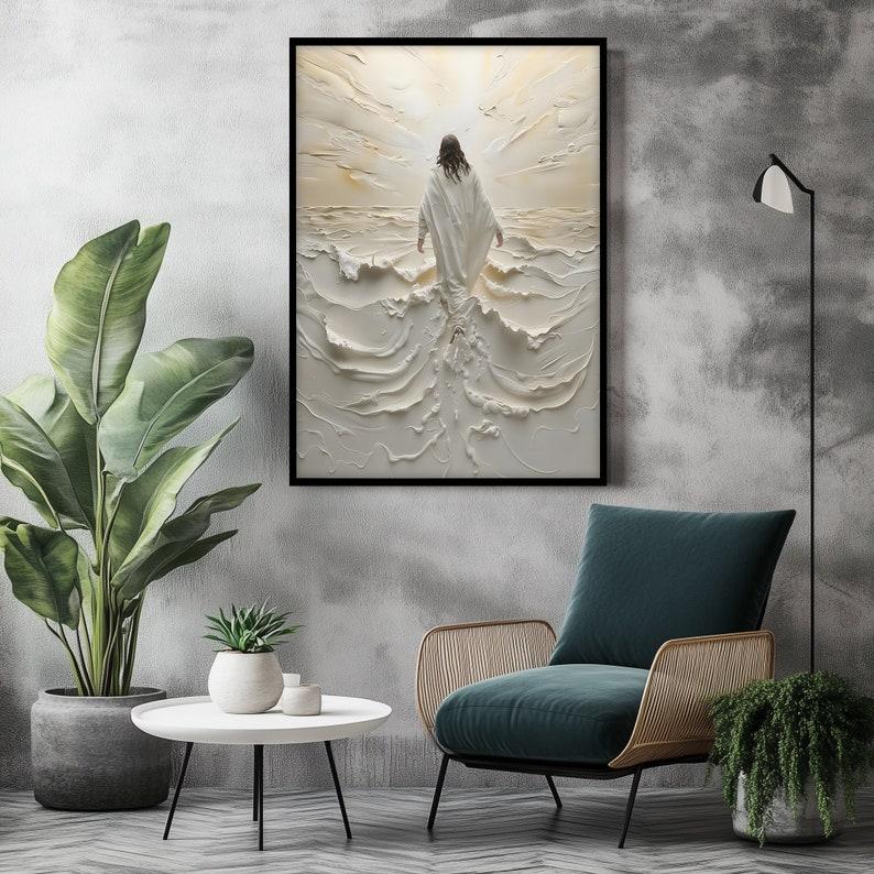 Jesus Walking on Water Poster, Spiritual Wall Decor, Divine Light Modern Art, Ready to Hang Artwork, Christian Gift B2OMD Decoration