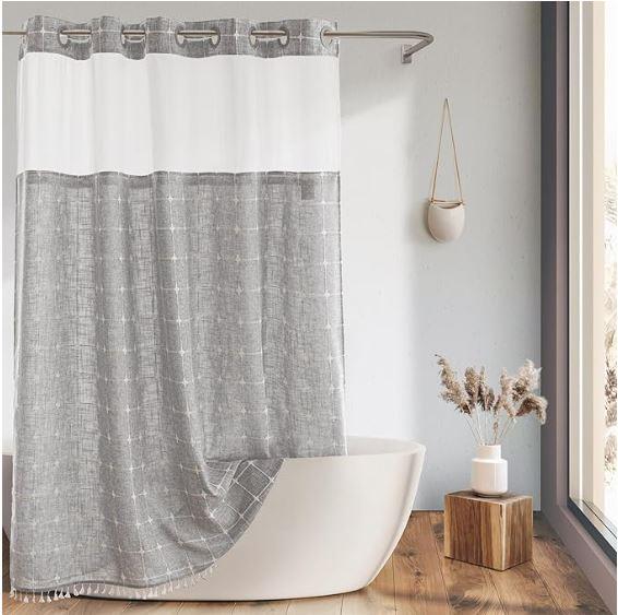 Farmhouse Shower Curtain with Snap-in Liner, No Hooks Needed Fabric Shower Curtains with Tassels for Rustic Bathroom Decor, with Window,with Magnets,Water Repellent&Machine Washable,Grey,71x74Inch